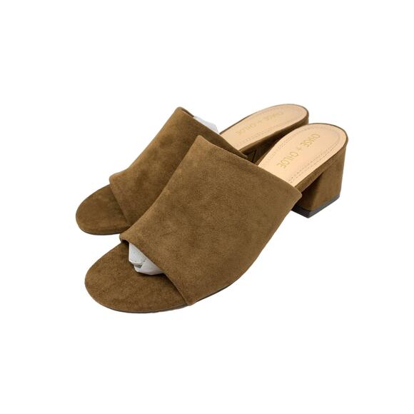 Chase + Chloe Women's Size US 9 Teagan Block Heel Mules Sandals Tan Faux Suede - Picture 2 of 6